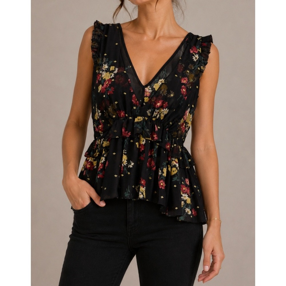 Cinq a Sept Black Floral 100% Silk Peplum VNeck Ruffle Blouse Top XS Gold Detail